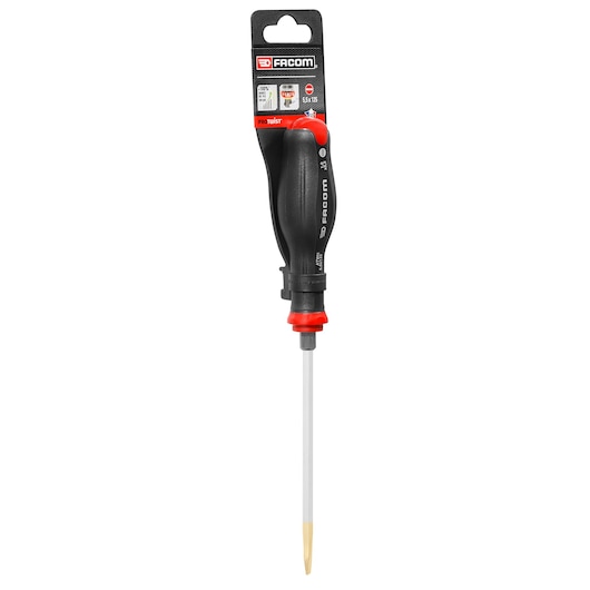 Facom flared slotted screwdriver PROT_SD_FLARED_5.5X125_POW, black and red handle, front angle, white background.