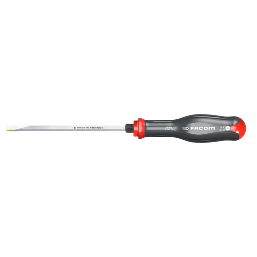 Facom ATWH5_5X125 flathead screwdriver with black and red handle, side view on white background.