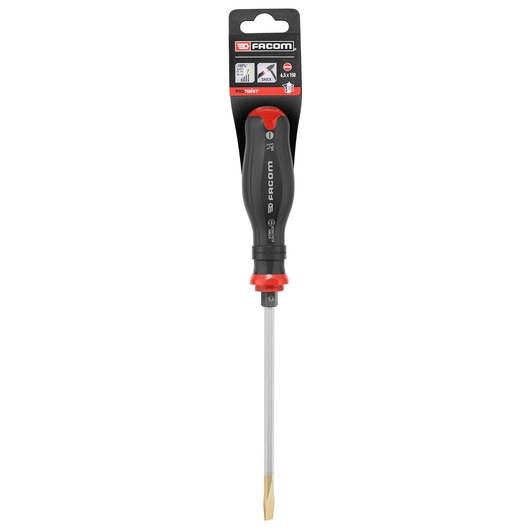 Facom flathead screwdriver PROT_SD_FLARED_6.5X150_POW, black and red handle, front angle, white background.