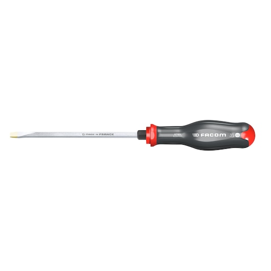 Photo of Facom flathead screwdriver ATWH6_5X150 with black and red handle, white background, side view.