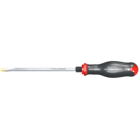 Facom ATWH8X175 insulated flathead screwdriver with black and red handle, side view on white background.