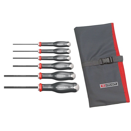 Facom ATWHH_JT6 screwdriver set with six black and grey screwdrivers and a grey roll-up pouch, top view.