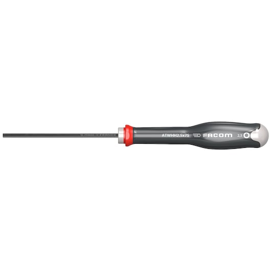 Facom hex screwdriver ATWHH2_5X75 with black blade and ergonomic gray handle, side view on white background.
