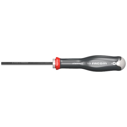 Facom hex screwdriver ATWHH4X75, black handle, side view, white background.