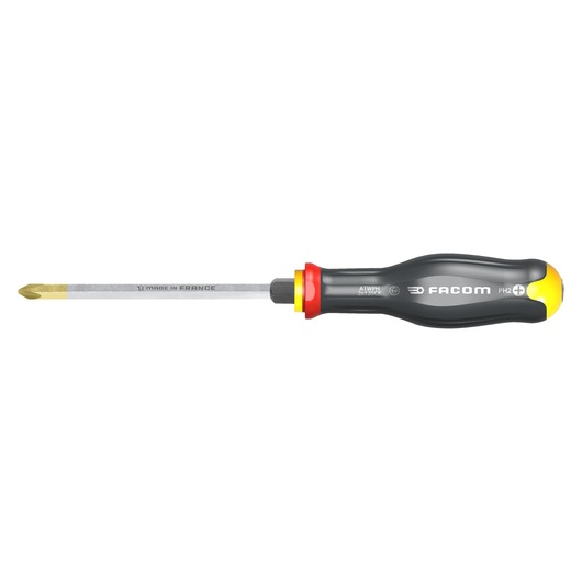 Facom ATWPH1X100CK Phillips screwdriver with black and red handle, gold tip, side angle, photography category.