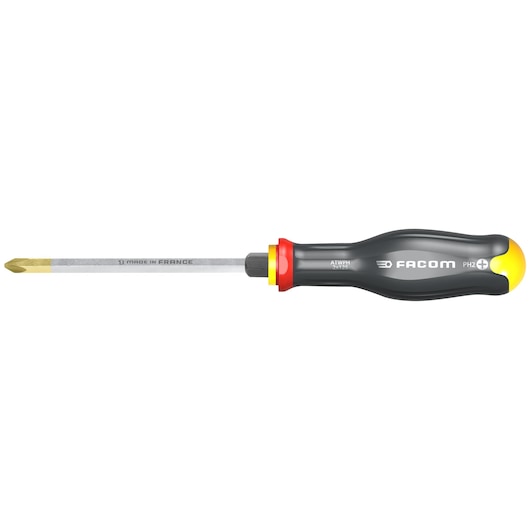 Photo of Facom ATWPH1X100 Phillips screwdriver with black and yellow handle, side view on white background.