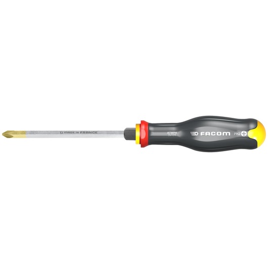 Facom Phillips screwdriver ATWPH3X150, black and yellow handle, side angle on white background.