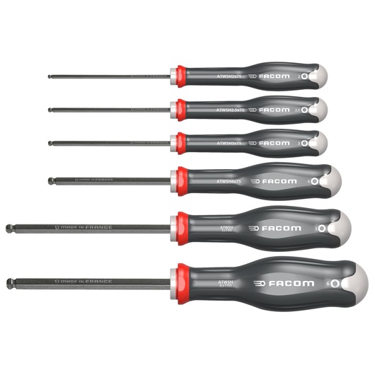 Facom ATWSH_JT6 set of six ball end hex screwdrivers with black handles and red collars, side view on white background.