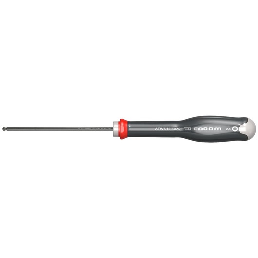 Facom ATWSH2_5X75 hex screwdriver with black shaft, ball end, grey and red ergonomic handle, side view on white.