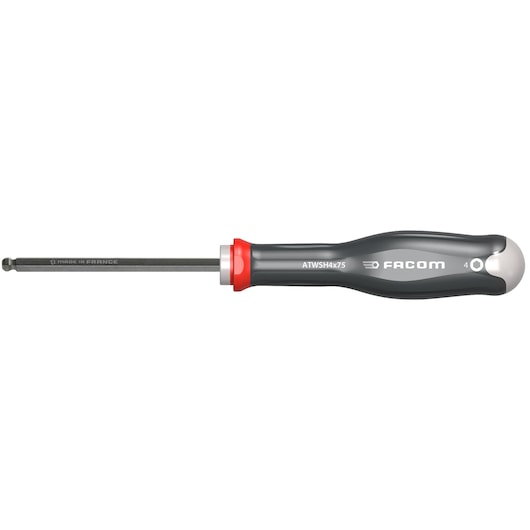 Facom ATWSH4X75 ball-end hex screwdriver, black and red handle, side angle, white background.