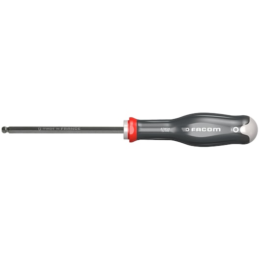 Facom ball end hex screwdriver, SKU ATWSH5X100, gray handle, side view on white background.