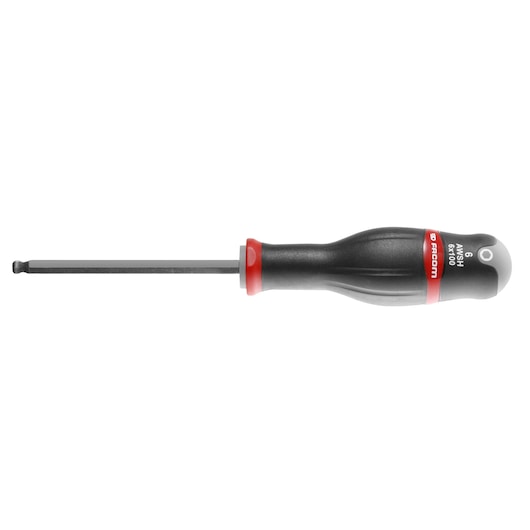 Facom ATWSH6X100 ball end hex screwdriver with black and red handle, side view on white background.