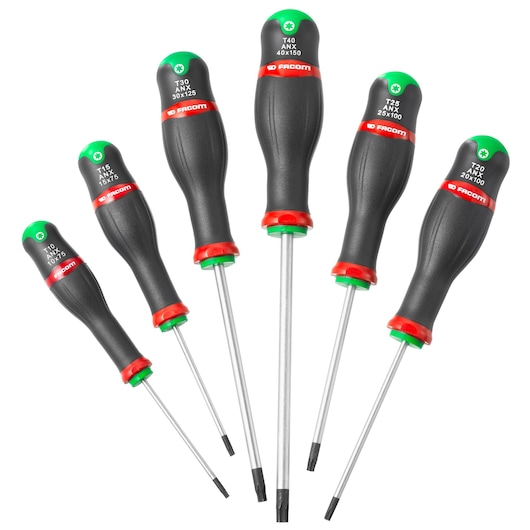 Facom ATX.J6PB set of six black and red Torx screwdrivers with green caps, top view on white background.