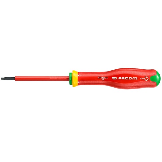 Facom ATX10X75VE insulated red and yellow Torx screwdriver, straight-on, white background.
