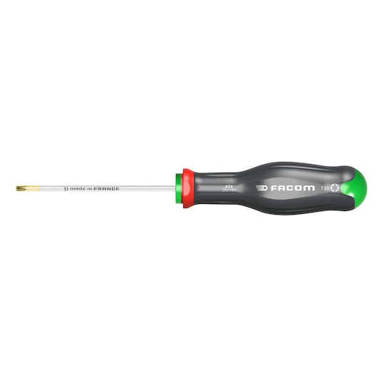 Facom ATX10X75 Torx screwdriver with black and green handle, side view on white background.