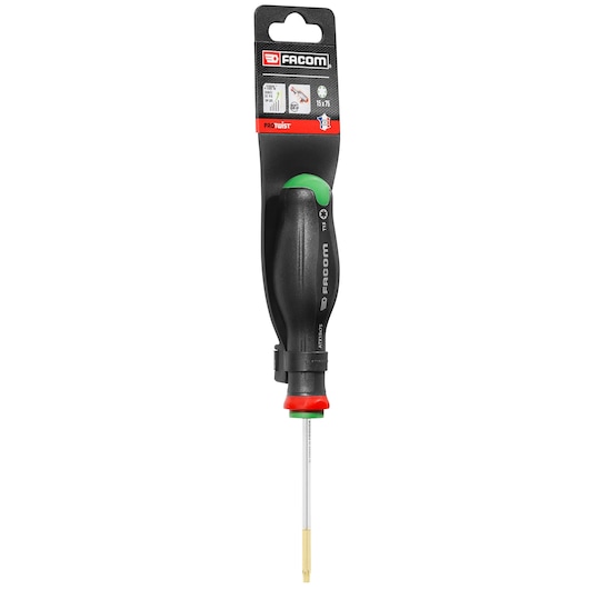 Facom ATX15X75PB precision Torx screwdriver with black ergonomic handle, green accent, and gold tip, front view.
