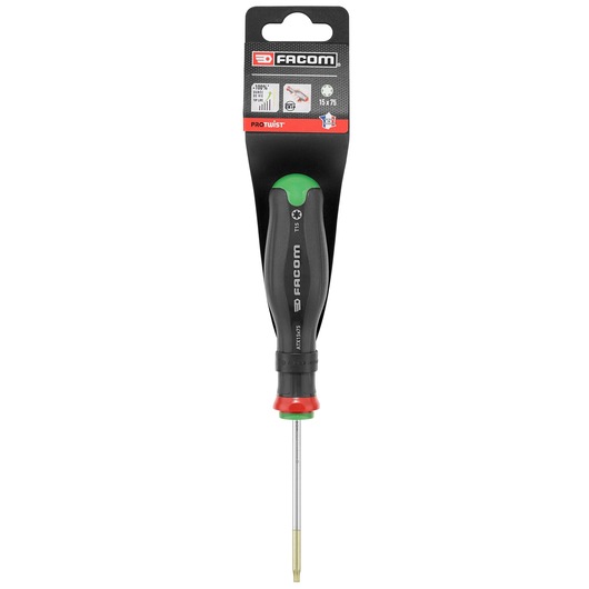 Facom ATX20X100PB screwdriver with black and red handle, green accent, and visible packaging, front angle.