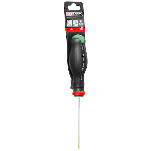 Photo of Facom screwdriver ATX20X100PB with black and green handle, straight blade, front angle on white background.