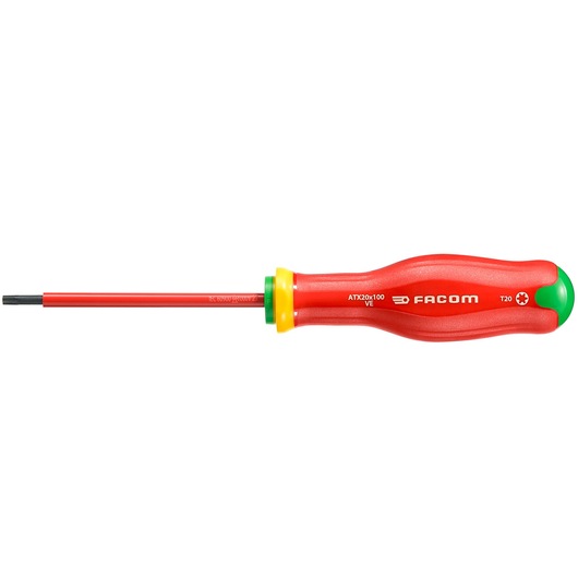 Facom insulated Torx screwdriver ATX20X100VE with red and green handle, side angle on white background.