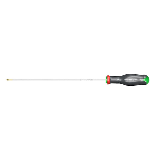 Facom ATX20X275 long flat screwdriver with black and green handle, side view, white background.