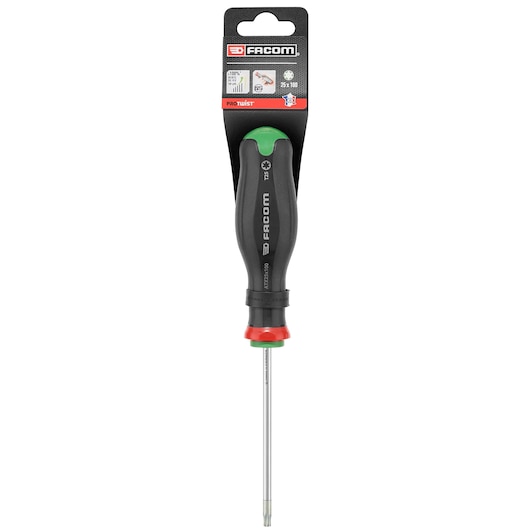 Facom PROT_SD_TORX_25X100_STD Torx screwdriver with black and green ergonomic handle, front view on white.