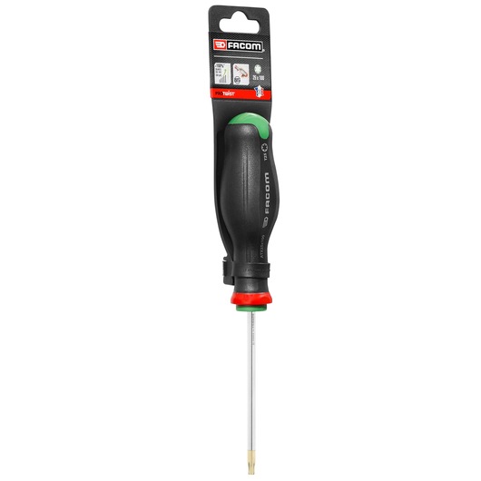 Facom PROT_SD_TORX_25X100_STD Torx screwdriver with black and green handle, front angle, white background.