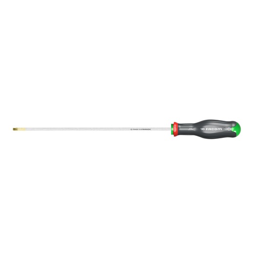 Facom ATX25X275 long flathead screwdriver with black and green handle, side angle on white background.