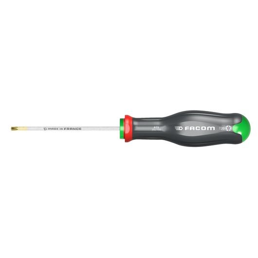 Facom Torx screwdriver ATX27X100, black handle with green and red accents, side view on white background.
