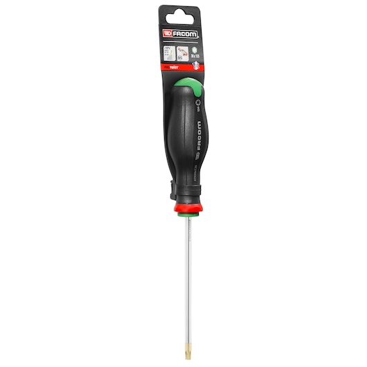 Photo of Facom PROT_SD_TORX_30X125_STD Torx screwdriver with black ergonomic handle, green and red accents, front angle.