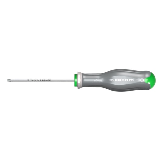 Photo of Facom ATX30X125ST grey and green Torx screwdriver with ergonomic handle, side view on white background.