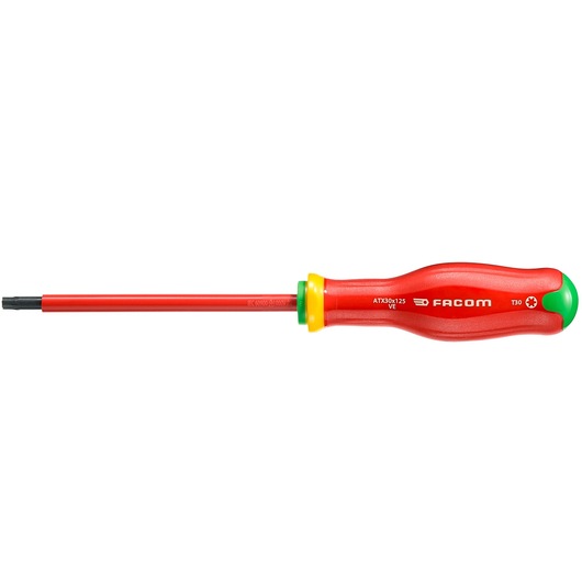Facom insulated Torx screwdriver with red, green, and yellow handle, side view, ATX30X125VE.