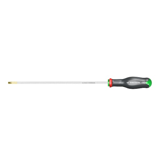 Facom ATX30X275 long Torx screwdriver with black and green ergonomic handle, side view on white background.