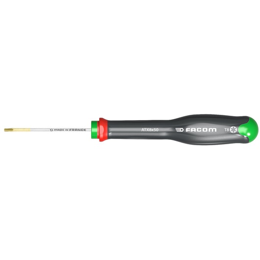 Facom ATX6X50 Torx screwdriver with black and green handle, gold tip, side view, white background.