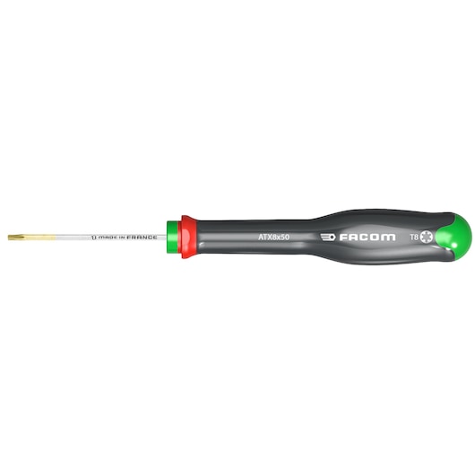 Facom ATX7X50 Torx screwdriver with black and green handle, gold tip, side angle on white background.