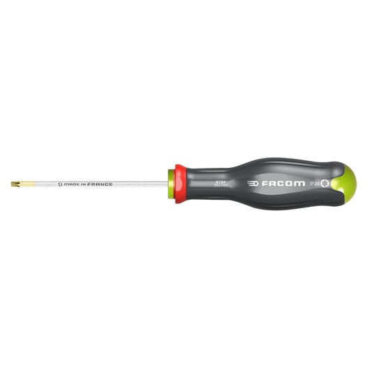 Facom ATXP25X100 Torx screwdriver with black ergonomic handle, yellow tip, side angle, white background.