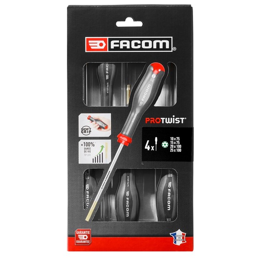 Photo of Facom ATXR_J4PB screwdriver set, four pieces with soft grip handles, shown in retail packaging, front angle.