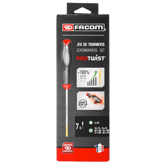 Photo of Facom ATXR_J7PB screwdriver set packaging, black box with red accents, showing one screwdriver and product features.