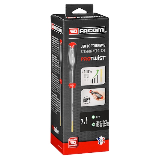 Facom ATXR_J7PB screwdriver set box, black with red accents, showing 7-piece Protwist screwdrivers, front angle.