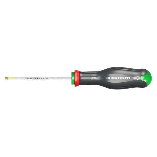 Facom ATXR10X75 precision screwdriver with black, green, and red ergonomic handle, side view on white background.