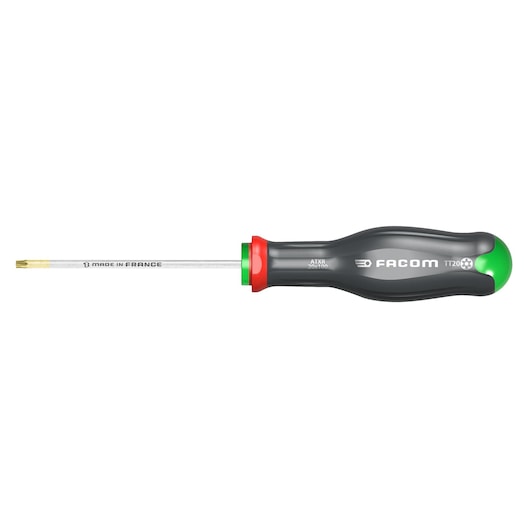Photo of Facom ATXR27X100 Torx screwdriver with black and green handle, side view on white background.
