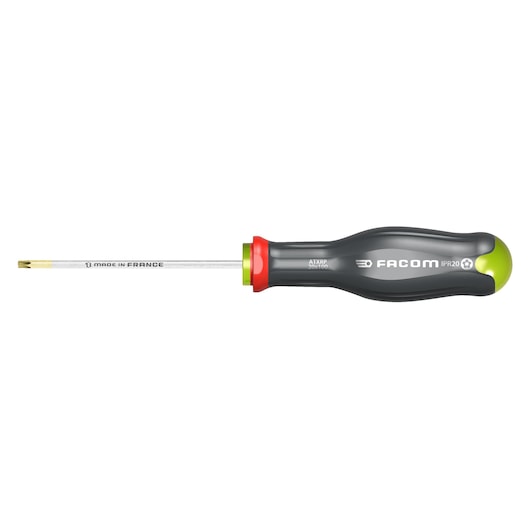 Photo of Facom ATXRP30X125 precision screwdriver with black handle and silver shaft, side view on white background.