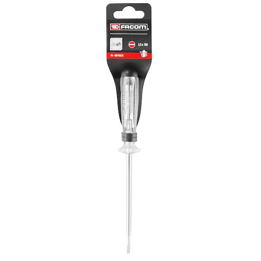Facom AV.HT1CPB voltage tester screwdriver with transparent handle, flat blade, front angle on white background.