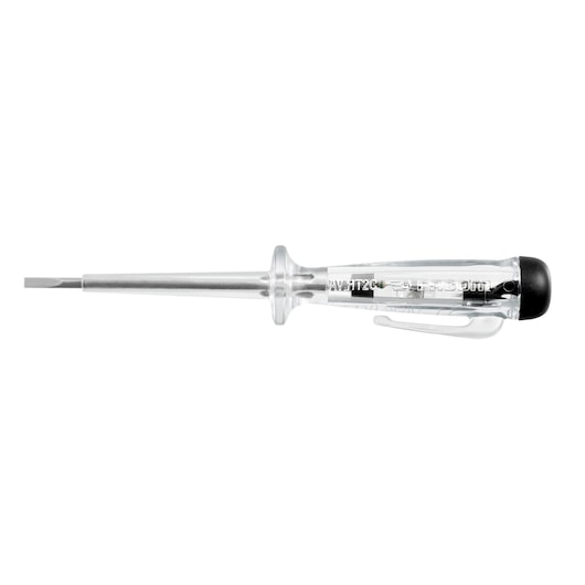 Facom AV_HT2C flathead tester screwdriver with clear handle, side view, on white background.