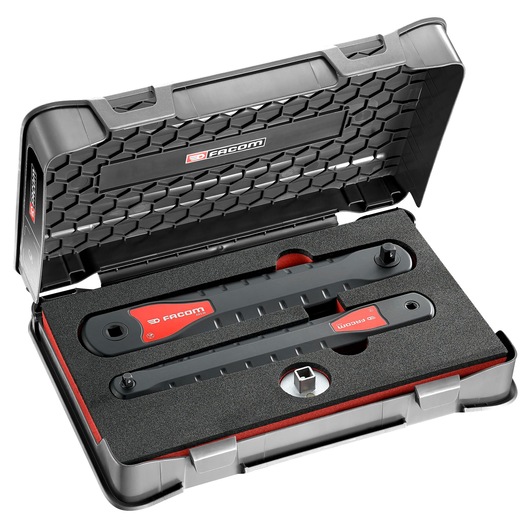 Facom AXS_J2 ratchet wrench set in black hard case with foam insert, angled view.