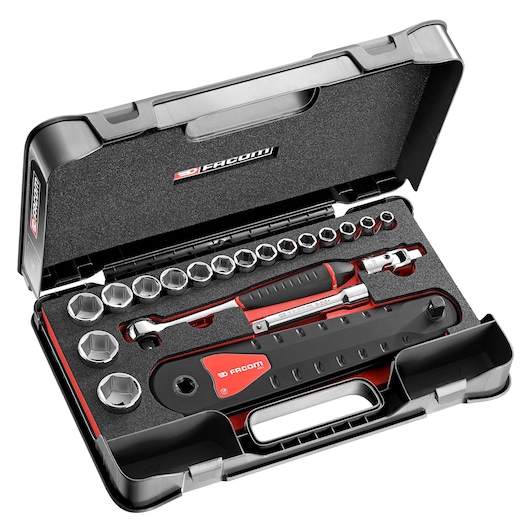 Facom AXS_LJ1 socket wrench set in black case, photo shows open case with tools arranged neatly.