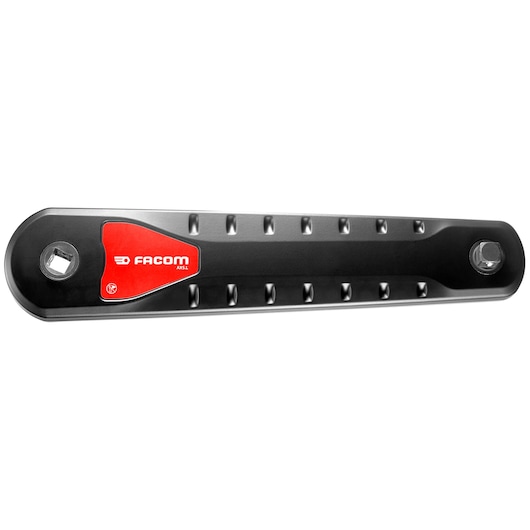 Facom AXS.LPB black and red long ratchet handle, photography, angled on white background.