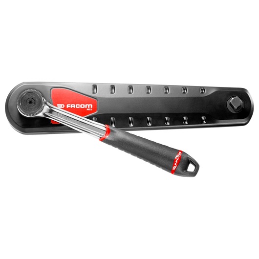 Facom AXS.LPB ratchet handle with black grip and mounting bracket, product photo on white background.
