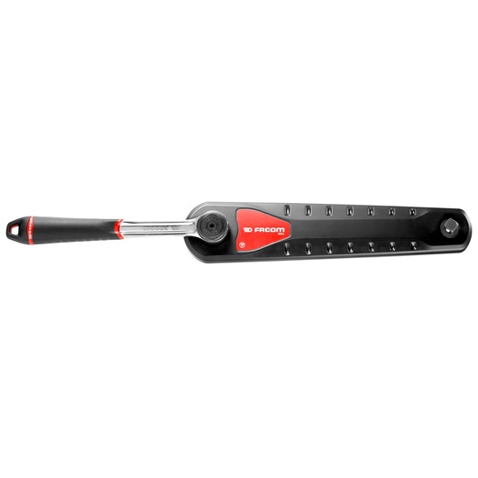 Facom AXS.LPB ratchet wrench in black and red tray, top angle on white background.