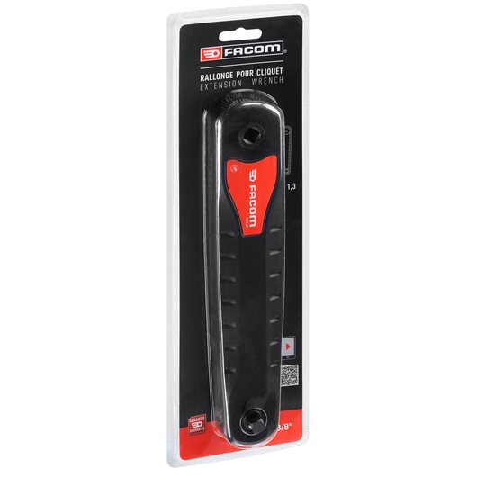 Photo of Facom AXS_M extension wrench in retail packaging, black and red, front angle, tool category.