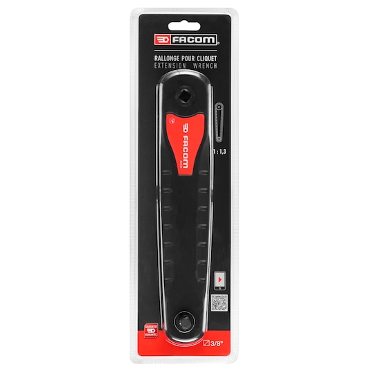 Facom AXS_M extension wrench in black and red, packaged, 3/8 inch drive, front view, SKU AXS_M.